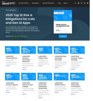 OWASP GenAI Security Project 的 LLM Top 10 著陸頁截圖，於 2026-08-05 擷取。主標題為「2025 Top 10 Risk & Mitigations for LLMs and Gen AI Apps」，內文寫著這是最新的 Top 10，封面縮圖標示 Version 2025、November 18, 2024，頁面提供的另一個版本連結只有 2023-24。下方十張卡片依序為 LLM01:2025 Prompt Injection 到 LLM10:2025 Unbounded Consumption，沒有任何 2026 版的痕跡。