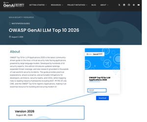OWASP 官方資源頁截圖，同樣於 2026-08-05 擷取。標題為「OWASP GenAI LLM Top 10 2026」，頁面日期 August 3, 2026，說明文字寫著這是最新的社群版本，並提到依據數千筆真實 AI 資安事件的新研究。右側封面縮圖的版本區塊經放大後可讀出 Version 2026、August 4th, 2026。