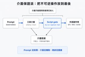 介面保證派的副作用閘門，從 Prompt 的意圖經過工具介面與 Script gate，通過 dry-run、approval、hash 後才到達外部副作用；不合法輸入在前面被介面拒絕。